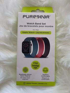 3-Pack Woven Nylon Apple Watch Bands - Blue, Pink, Black (38/40/41mm)